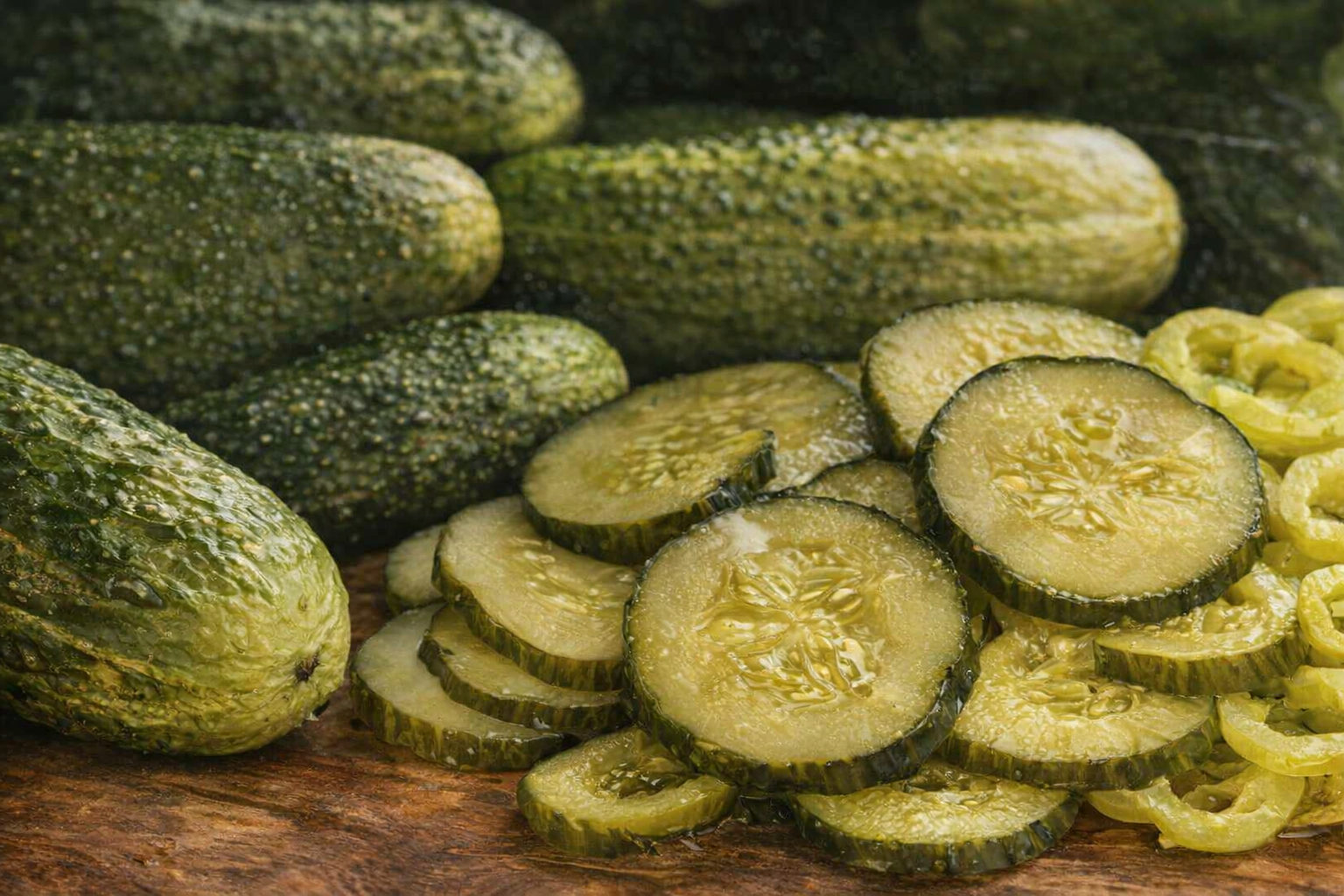 Pickles, Cucumber Slices, and Peppers